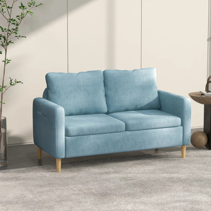 Blue Fabric Two Seater Sofa with Wood Legs and Pockets