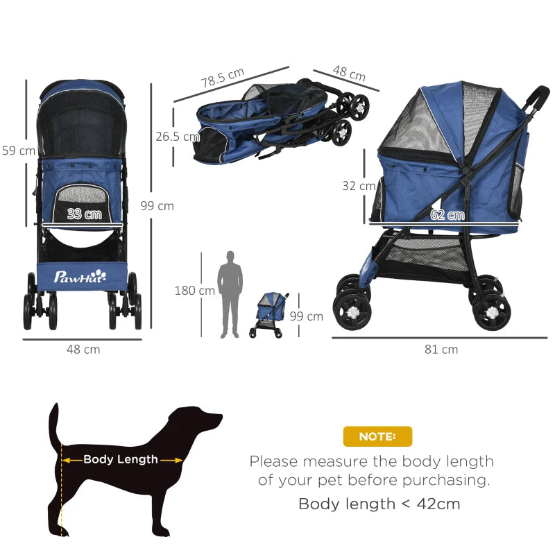 Dark Blue Pet Stroller with Large Carriage and Storage Bag