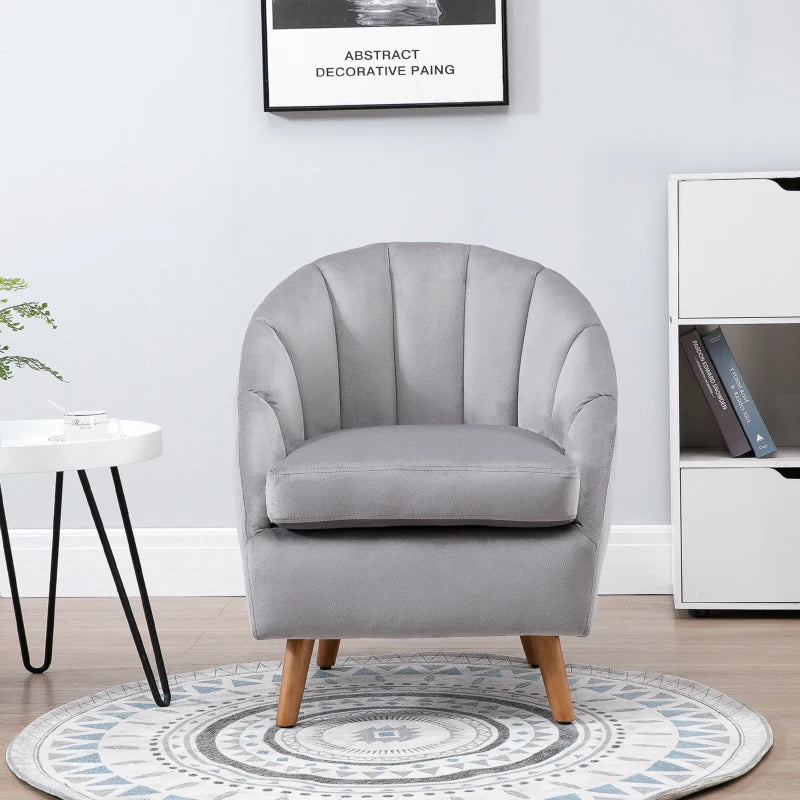 Grey Velvet Accent Armchair with Solid Wood Legs
