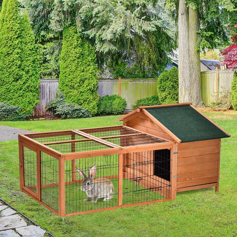 Wooden Outdoor Rabbit Hutch with Run & Lockable Door - Brown