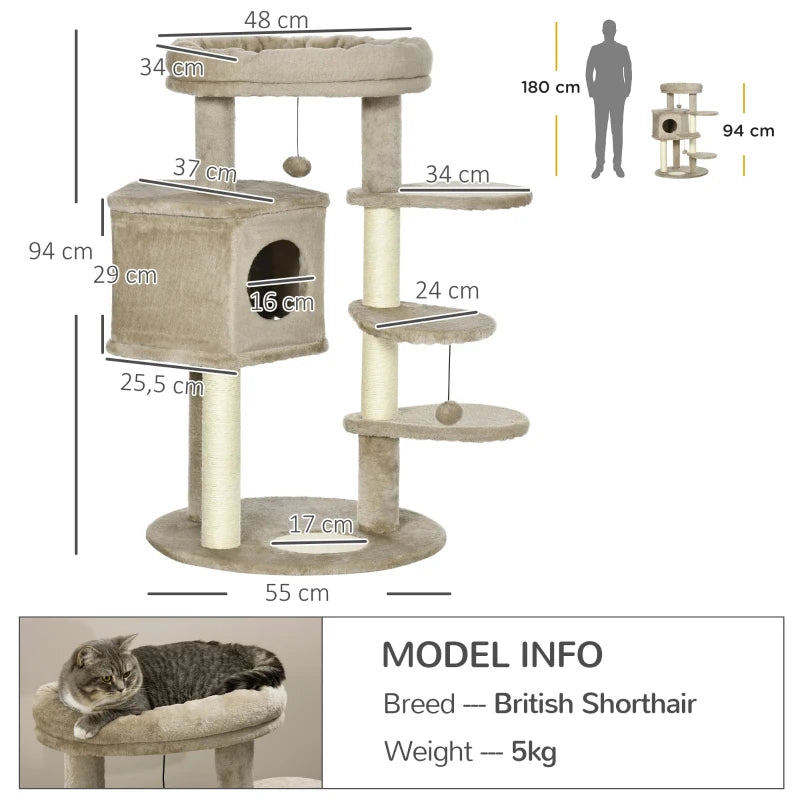 Brown Cat Tree with Multiple Levels, House, Bed & Toy Ball