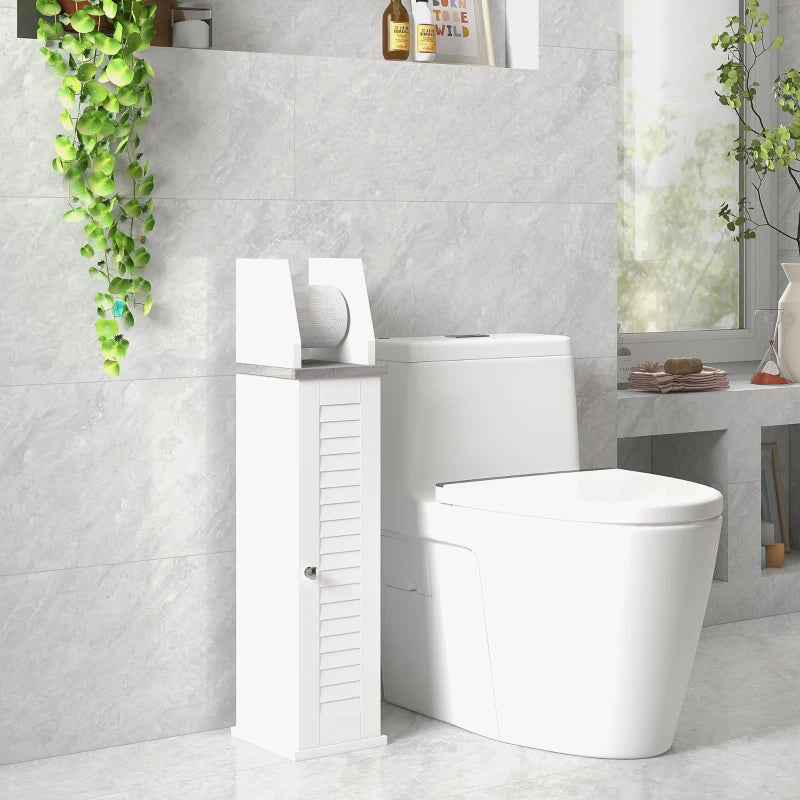 White Bathroom Floor Cabinet with Cupboard, Roll Holder & Adjustable Shelf