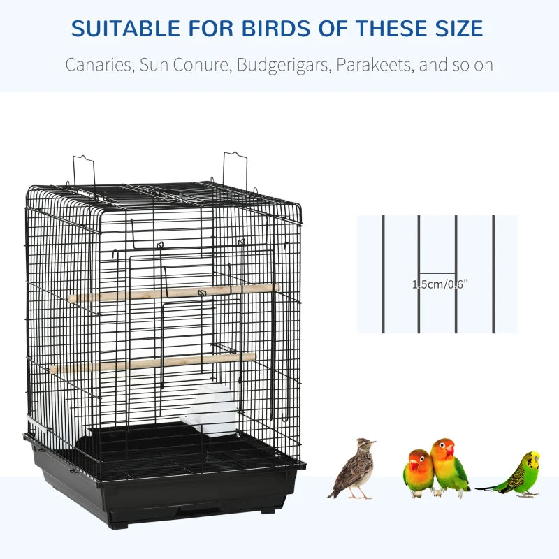 Black Steel Bird Cage with Open Top, Stand, Tray, Handles, Bowls - Parakeet, Finch