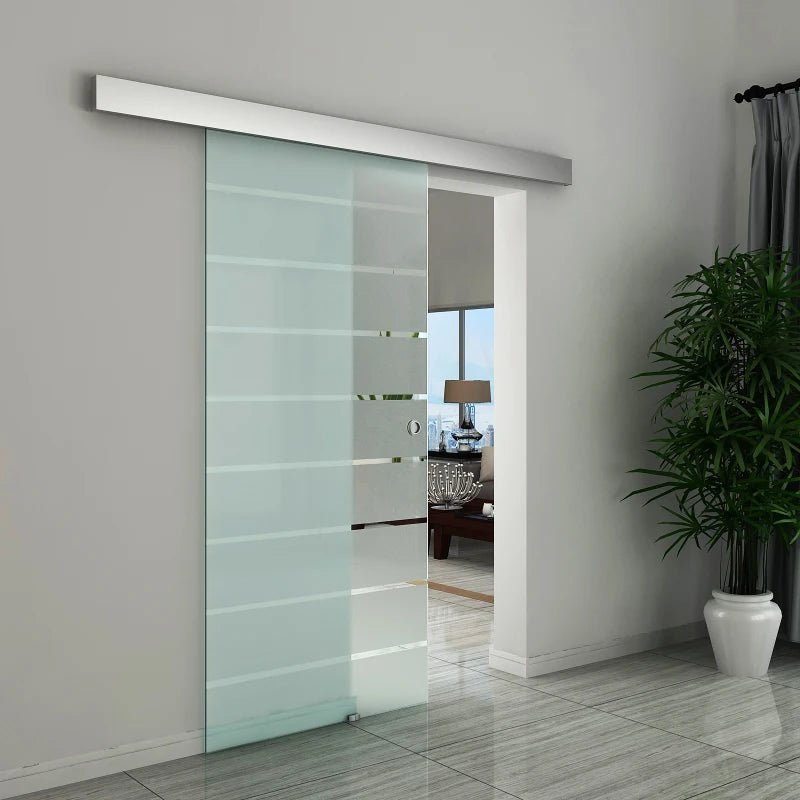 90cm Frosted Glass Sliding Door Kit with Stripe Pattern, Round Handle