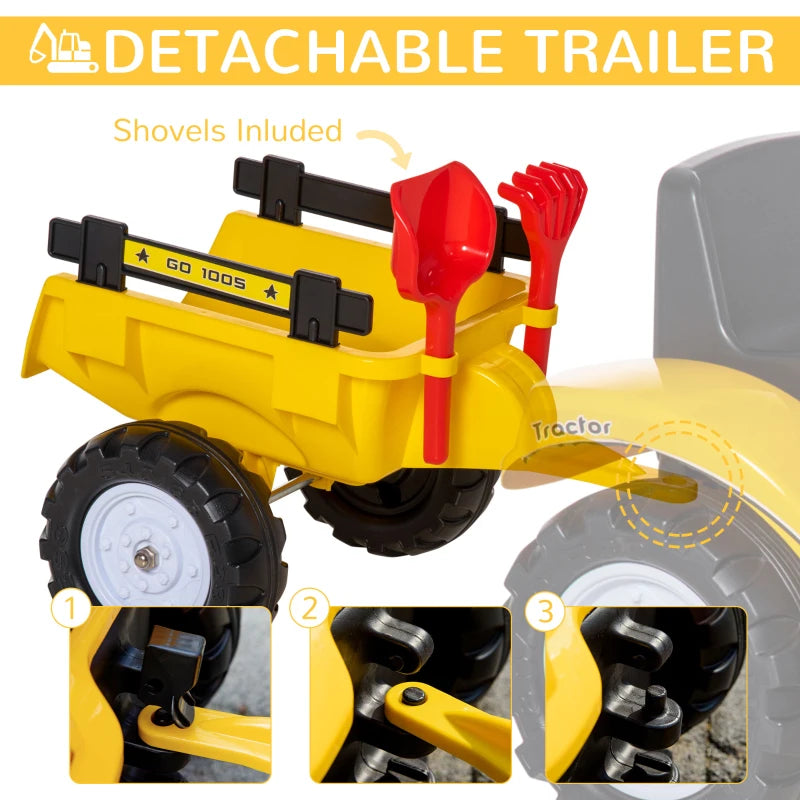 Yellow Kids Ride-On Construction Car with Horn and Trailer