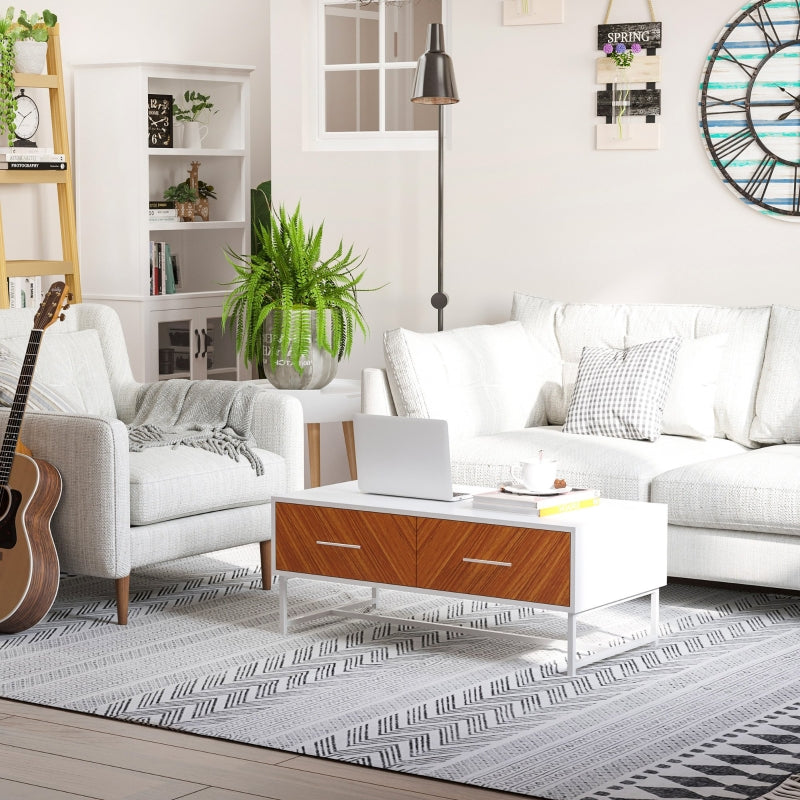 Brown Rectangular Coffee Table with Drawers and Metal Legs