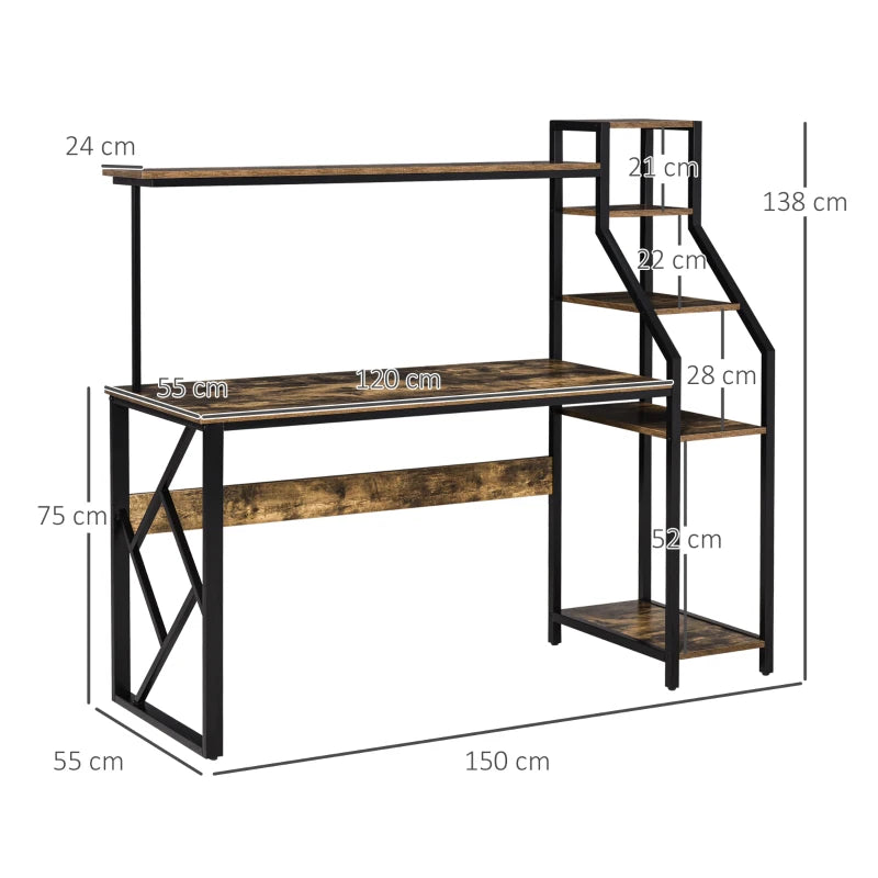 Rustic Brown Industrial Computer Desk with 6 Tier Shelves