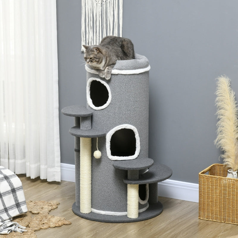 Grey Barrel Cat Tree with Scratching Posts, Bed, Platforms & Ball