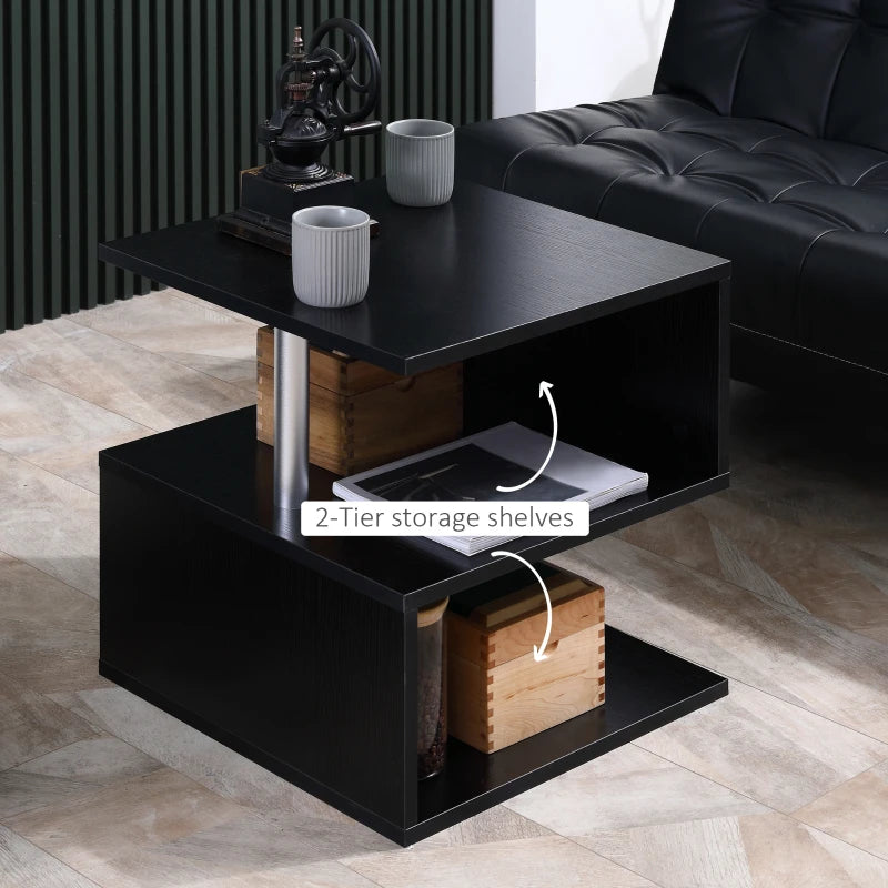 Black Wooden S-Shaped Coffee Table with 2-Tier Storage Shelves