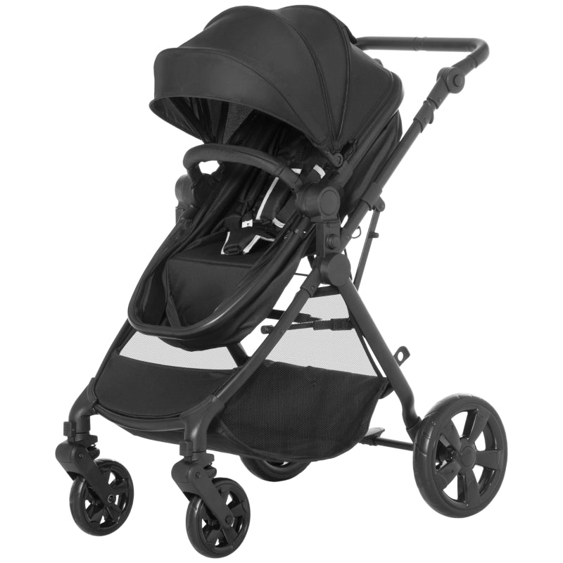 Black Foldable Baby Stroller with Reclining Backrest and Adjustable Canopy