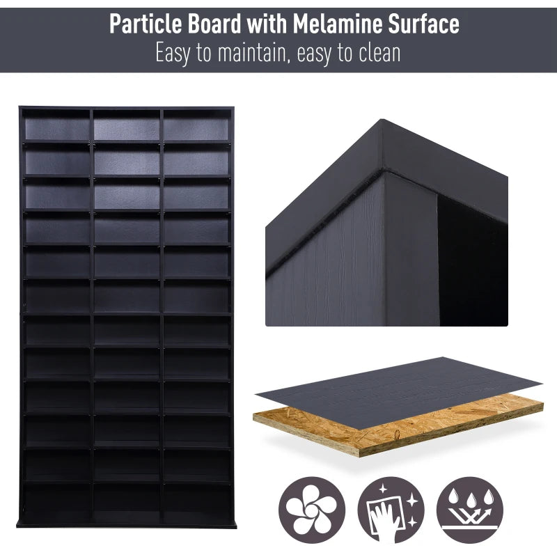 Black Wooden Media Storage Shelf with 10 Adjustable Shelves
