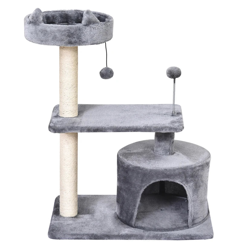 Grey Cat Tree Condo with Scratching Post and Perch, 60x40x81 cm