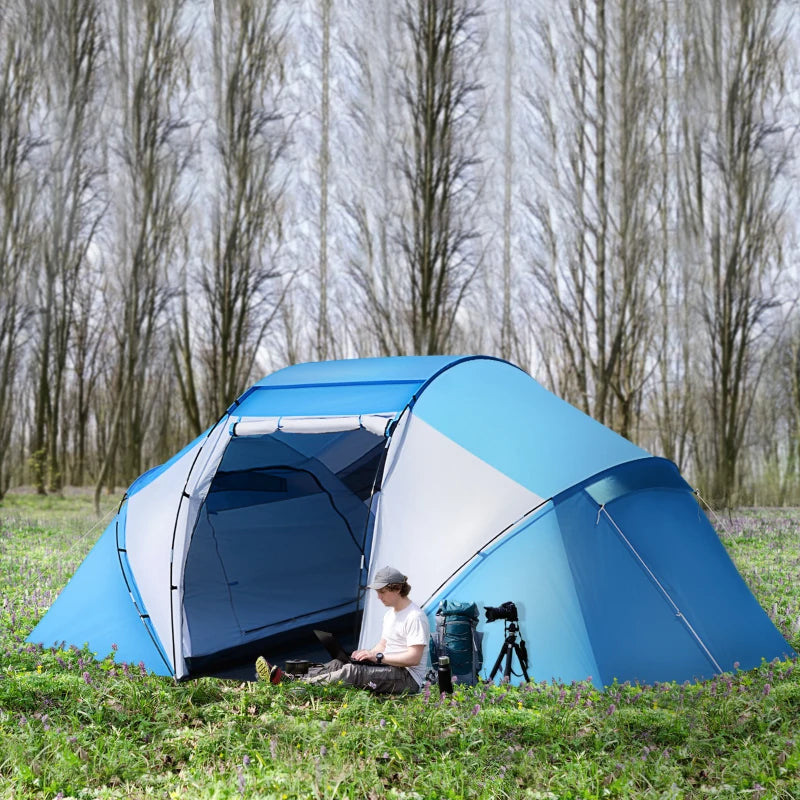 6-Person Blue & White UV Protection Camping Tunnel Tent