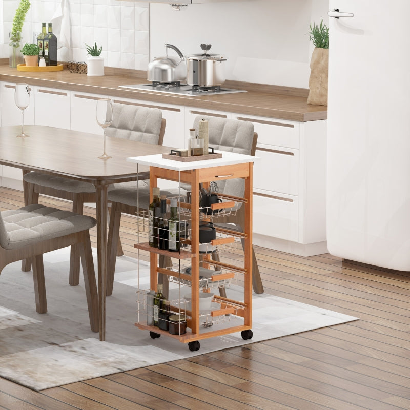 Brown Rolling Kitchen Cart with 4 Basket Drawers & Side Racks