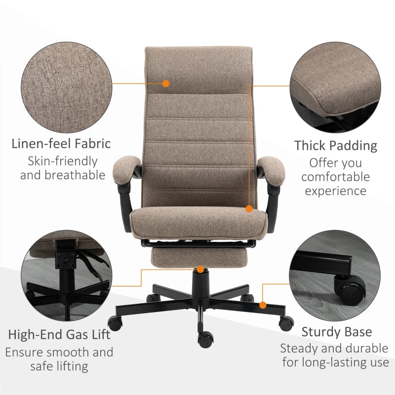 Brown Linen High-Back Swivel Office Chair with Footrest