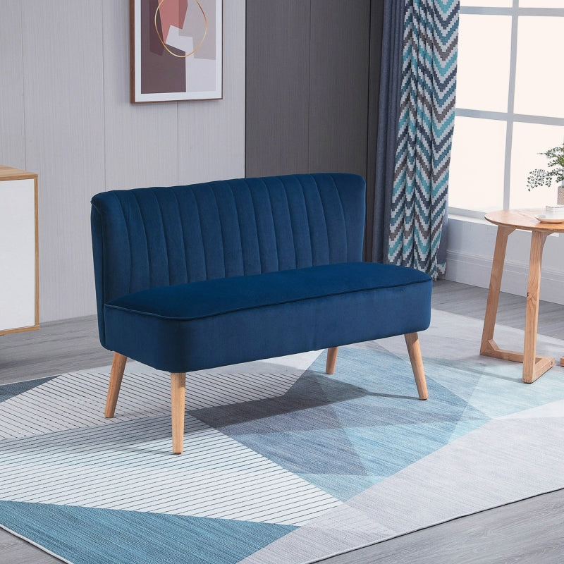 Blue Velvet Double Seat Sofa with High Back and Wood Frame