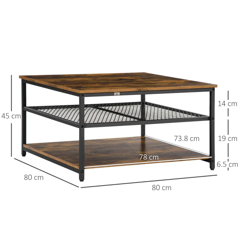 Rustic Brown 3-Tier Square Coffee Table with Storage Shelves