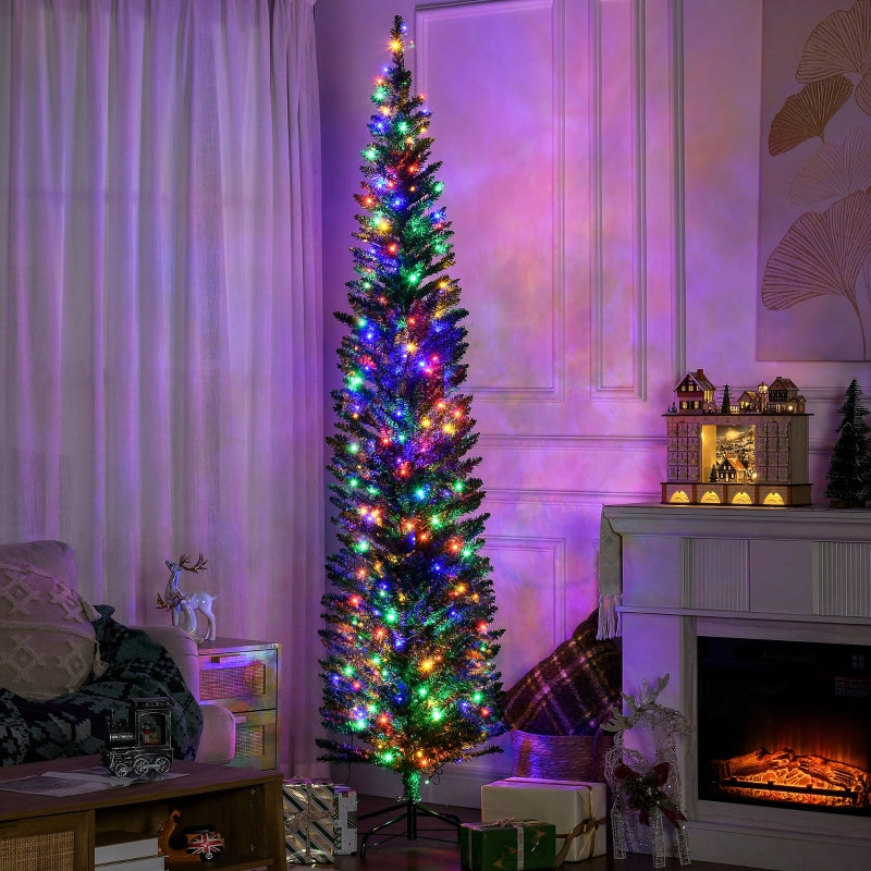 7.5' Pre-lit Christmas Tree with Colourful LED Lights, Pencil Shape, Steel Base