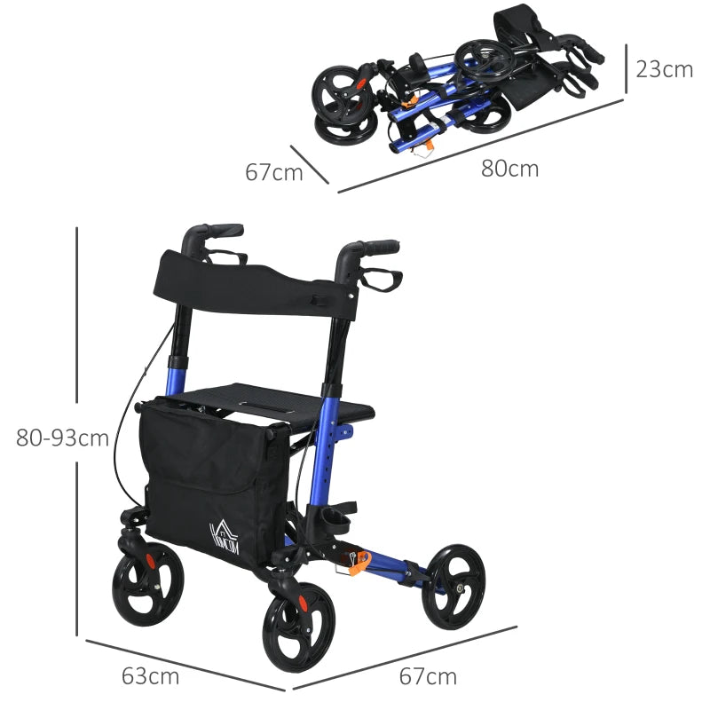 Blue Folding Rollator Walker with Seat and Brakes