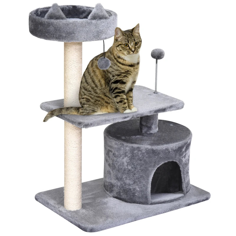 Grey Cat Tree Condo with Scratching Post and Perch, 60x40x81 cm