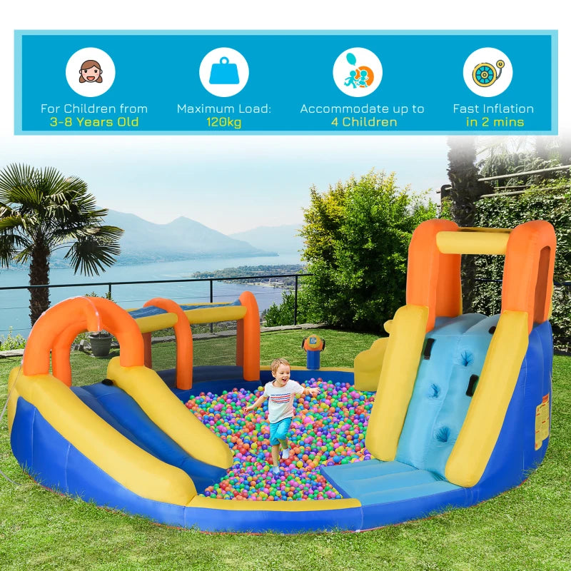 6-in-1 Kids Inflatable Bouncy Castle with Slide, Pool, Water Gun, Climbing Wall - Blue