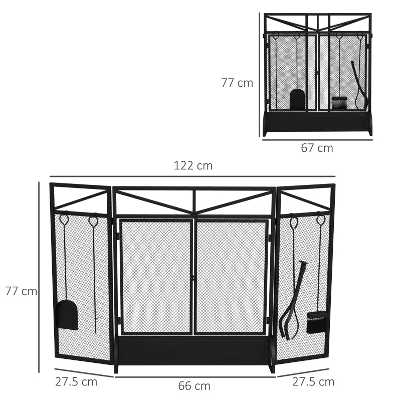 Black 3-Panel Folding Fire Screen with Tool Set and Doors, Freestanding Spark Guard for Fireplace, 122x77 cm