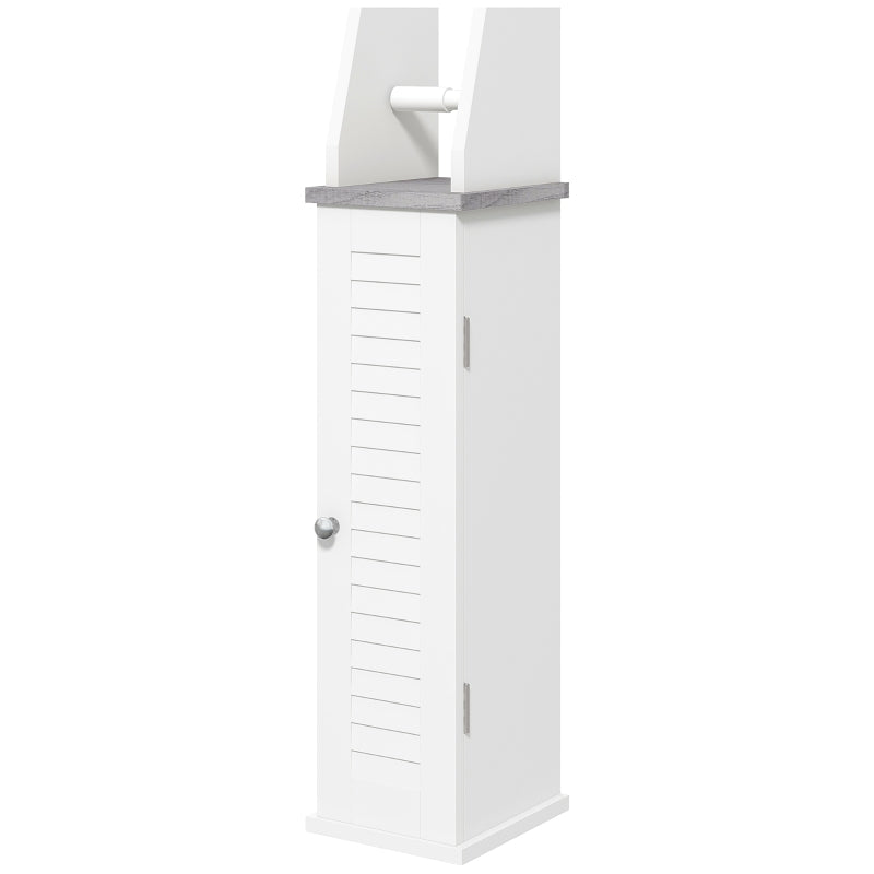 White Bathroom Floor Cabinet with Cupboard, Roll Holder & Adjustable Shelf