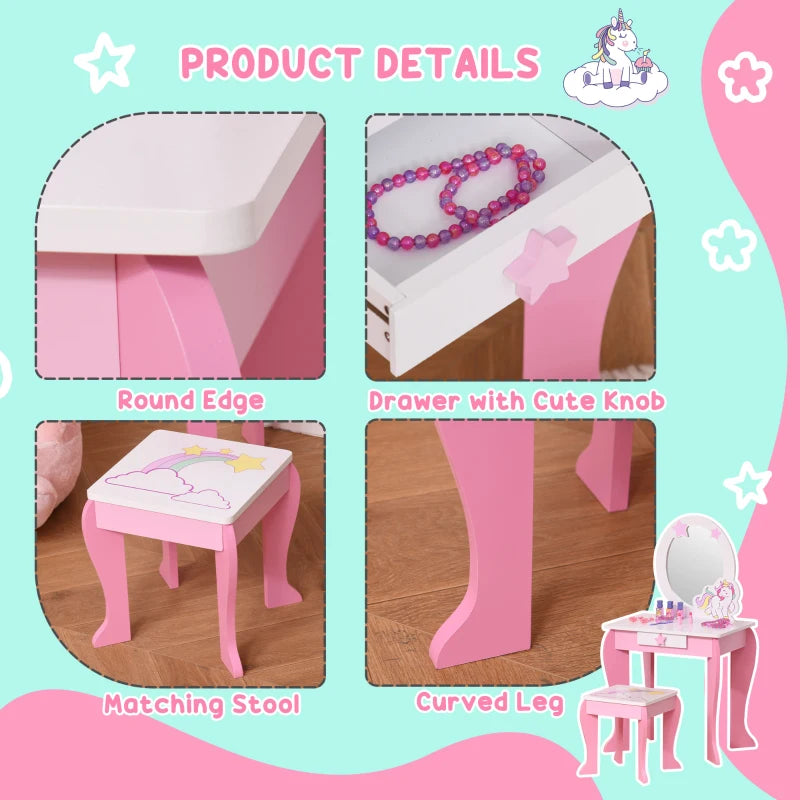Kids Pink Dressing Table Set with Mirror and Stool
