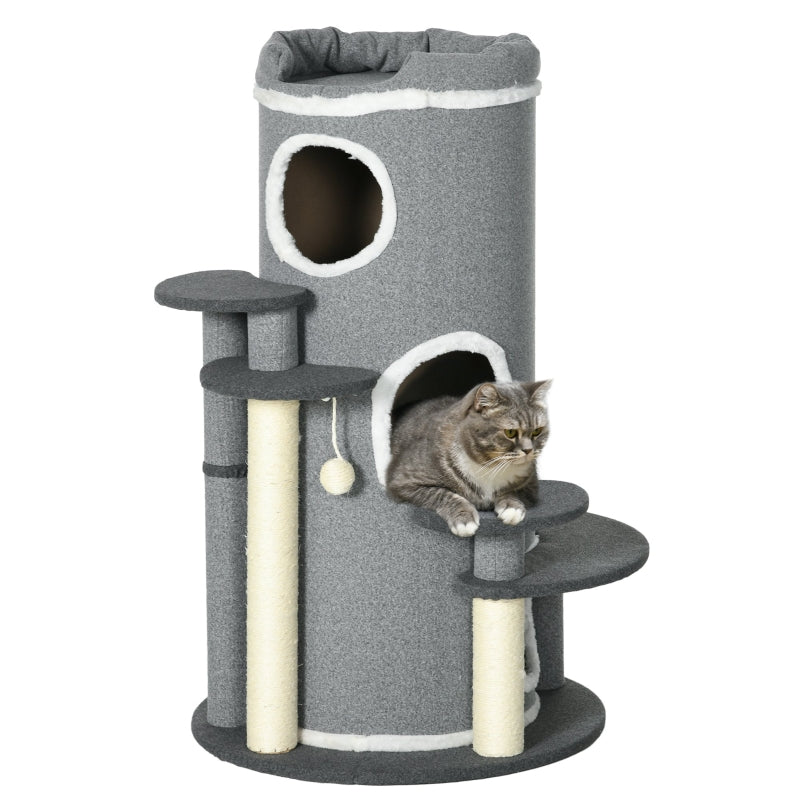 Grey Barrel Cat Tree with Scratching Posts, Bed, Platforms & Ball