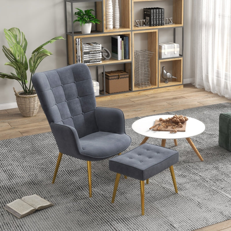 Dark Grey Velvet Armchair Set with Ottoman - Modern Steel Legs Accent Chair for Living Room, Bedroom