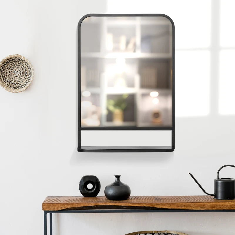 Black Square Wall Mirror with Storage Shelf, 70 x 50 cm - Modern Mirrors for Living Room, Bedroom