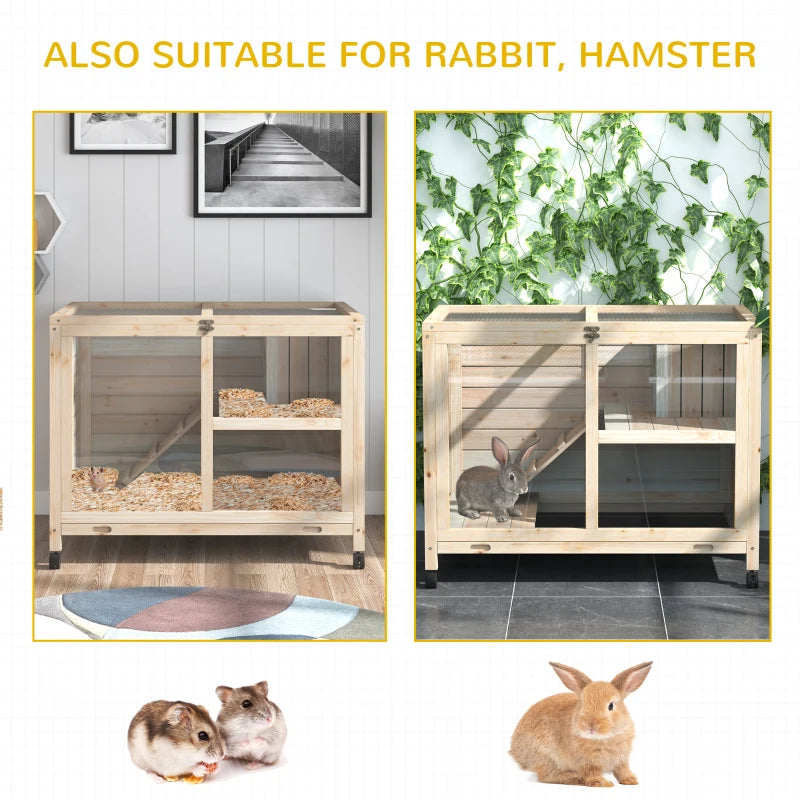 Wooden Indoor Rabbit Hutch with Wheels, 2-Tier Guinea Pig House, Openable Roof - Natural