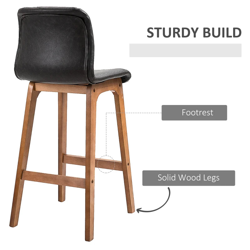 Modern Black PU Leather Bar Stools Set of 2 with Wooden Frame
