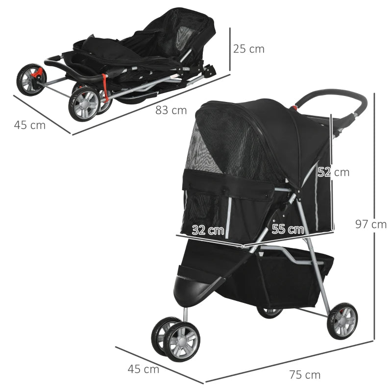 Black Pet Travel Stroller for Small Dogs - 3 Wheels