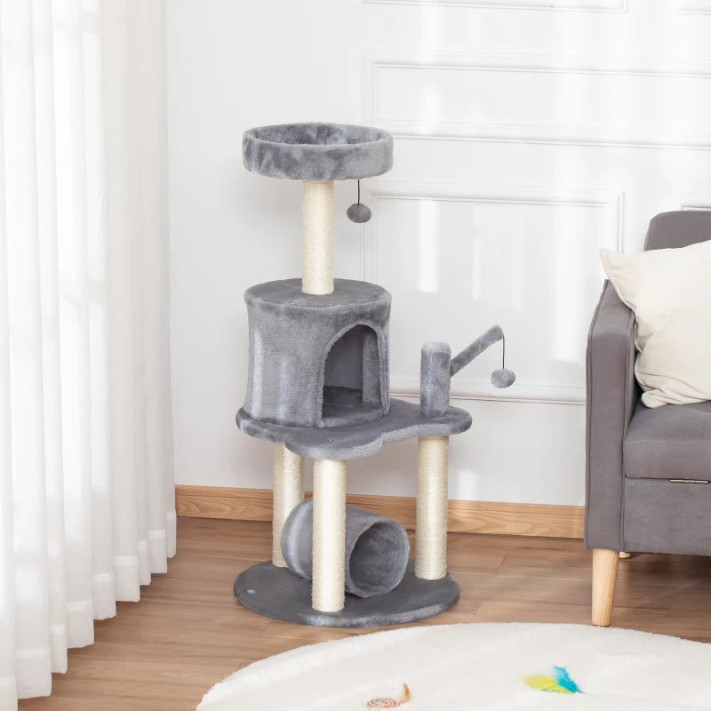 Grey Cat Climbing Tower with Scratching Post and Bed