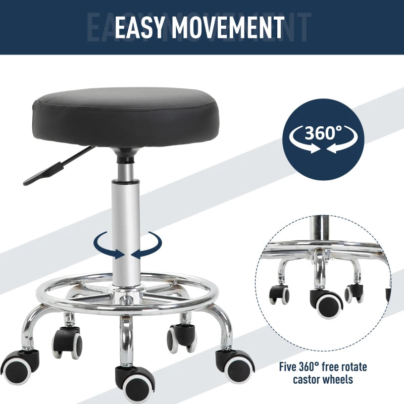 Black Adjustable Rolling Stool with Swivel Seat