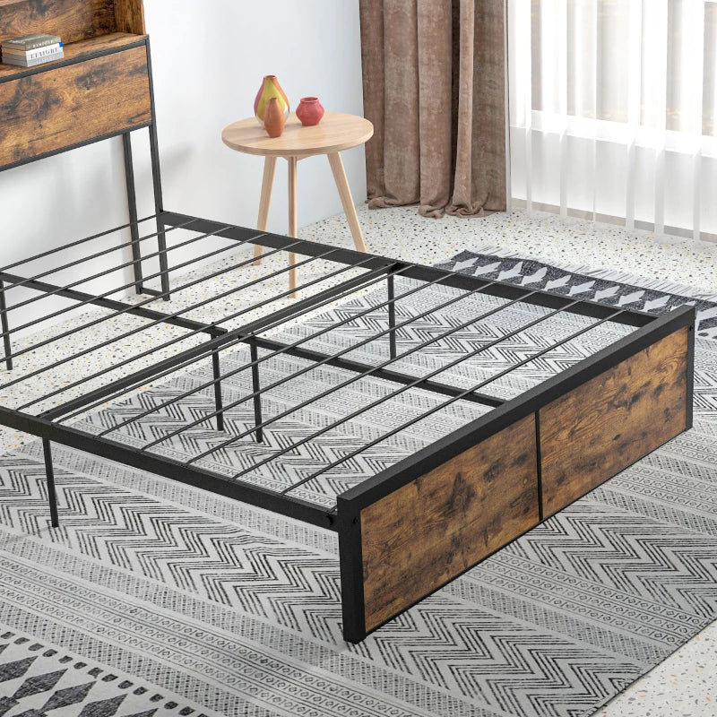 Rustic Brown Industrial Double Bed Frame with Storage, 4.8FT Steel Base, Headboard, Footboard, Slatted Support - 145 x 209cm