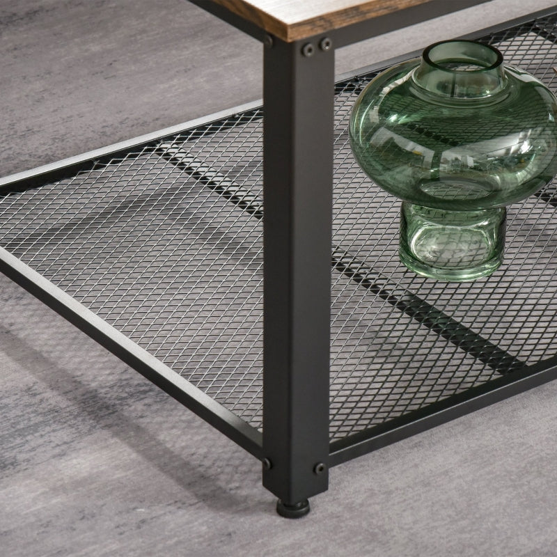 Rustic Brown Industrial Coffee Table with Mesh Shelf