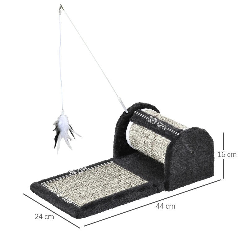 Grey Cat Scratcher Board with Roller and Feather Toy, 44 x 24 x 16 cm