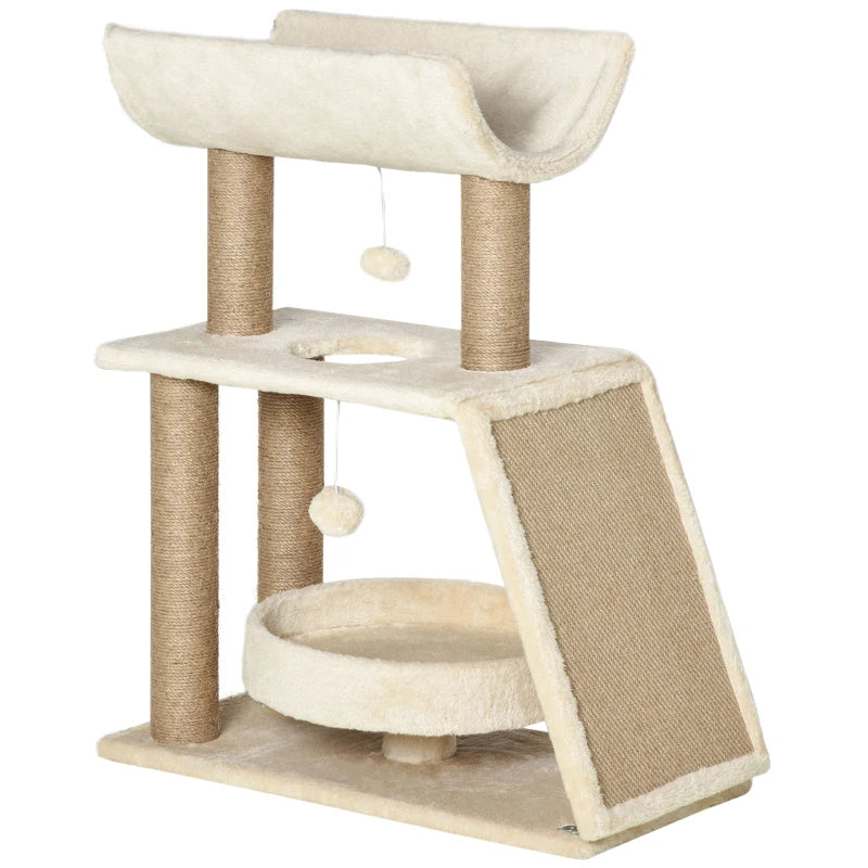 Cat Tree with Scratching Posts, Pad, Bed, Perch & Ball - Light Brown