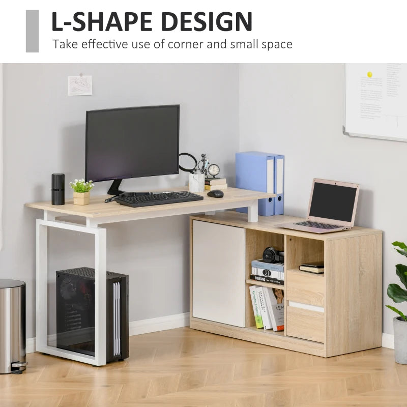 Oak Beige L-Shaped Computer Desk with Storage Shelf