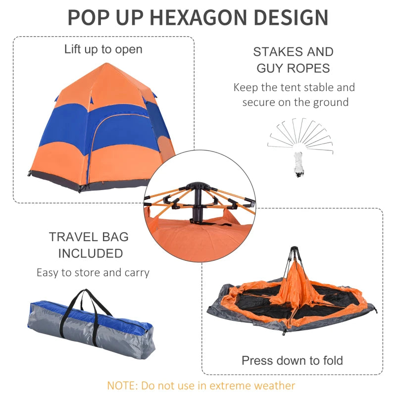 Hexagon Double Layer Dome Tent, 4-Person Pop Up Camping Shelter, Orange/Blue