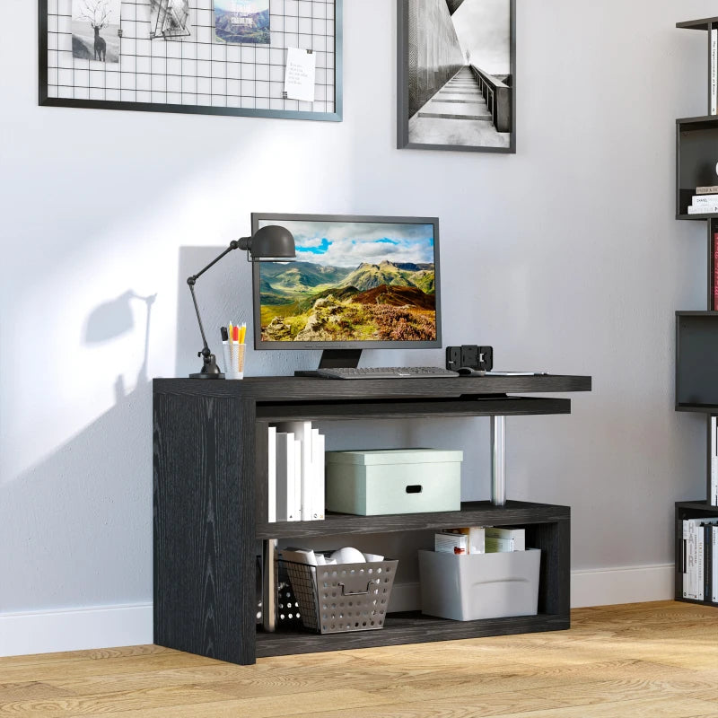 Black L-Shaped Rotating Corner Desk with Storage Shelf