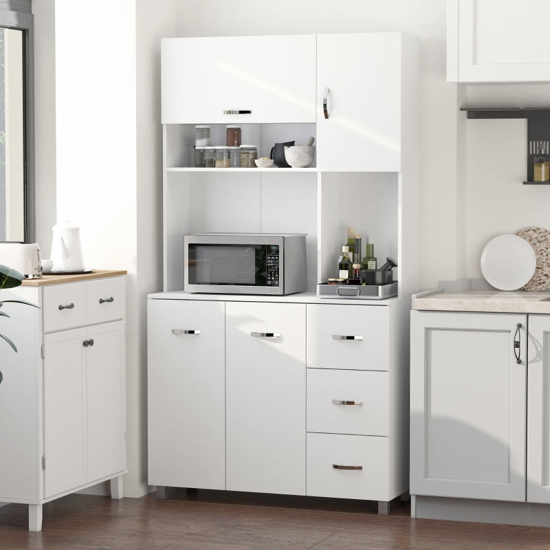 White Kitchen Storage Cabinet with Drawers and Shelves