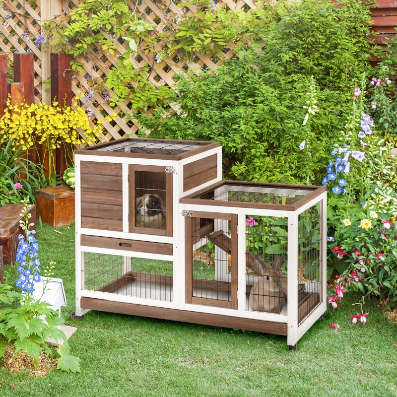 Brown Two-Tier Rabbit Hutch with Wheels