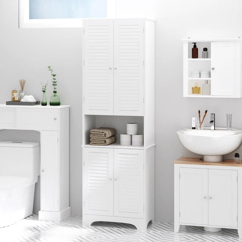 White Retro Tall Bathroom Cabinet with 3 Shelves & Shutters