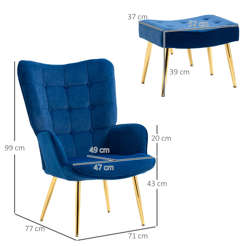 Modern Dark Blue Velvet Armchair with Ottoman Set