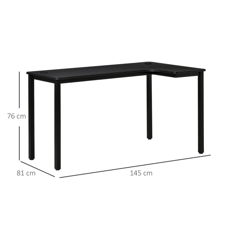 Black L-Shaped Gaming Desk with Cable Management, 145 x 81 x 76cm