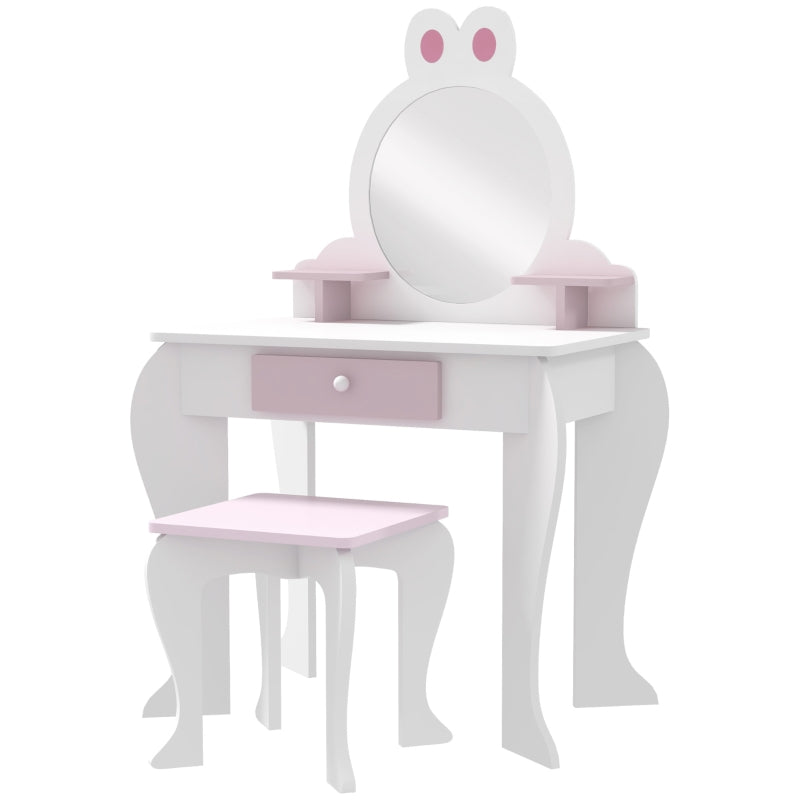 White and Pink Bunny Kids Dressing Table Set with Mirror and Stool