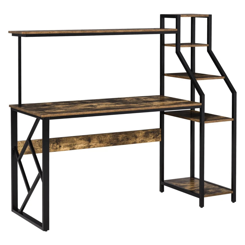 Rustic Brown Industrial Computer Desk with 6 Tier Shelves